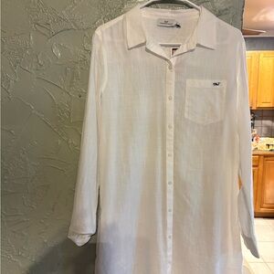 Vineyard Vines White Long-Sleeve Linen Blend Button-Up Dress